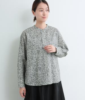 コットンリネンフラワープリントプルオーバーブラウス(ブラック-F)