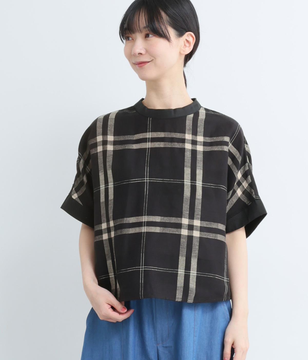 コットンパナマチェックドルマンスリーブブラウス(ブラック-F)