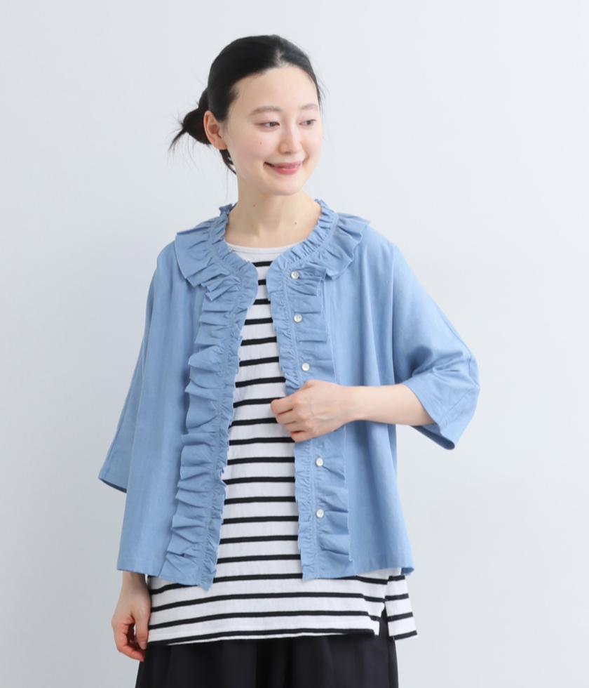 コットンリネンデニムフリルブラウス
