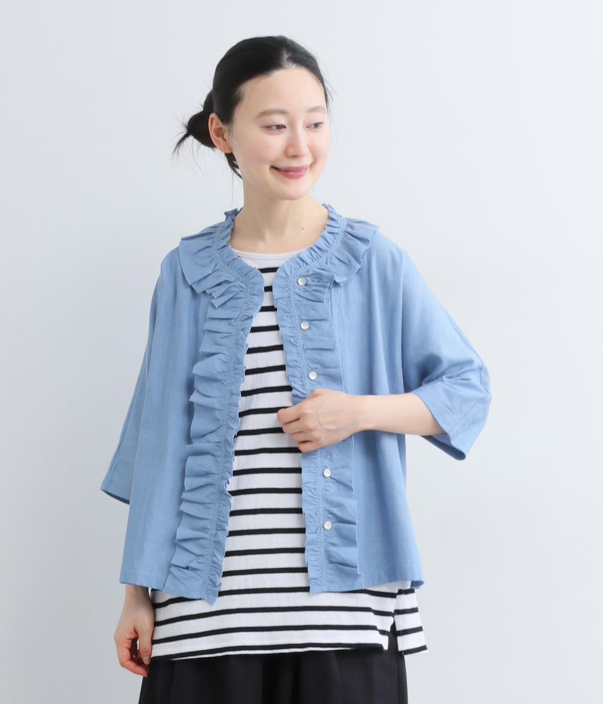 コットンリネンデニムフリルブラウス(ブルー-F)