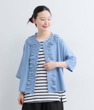 コットンリネンデニムフリルブラウス(ブルー-F)