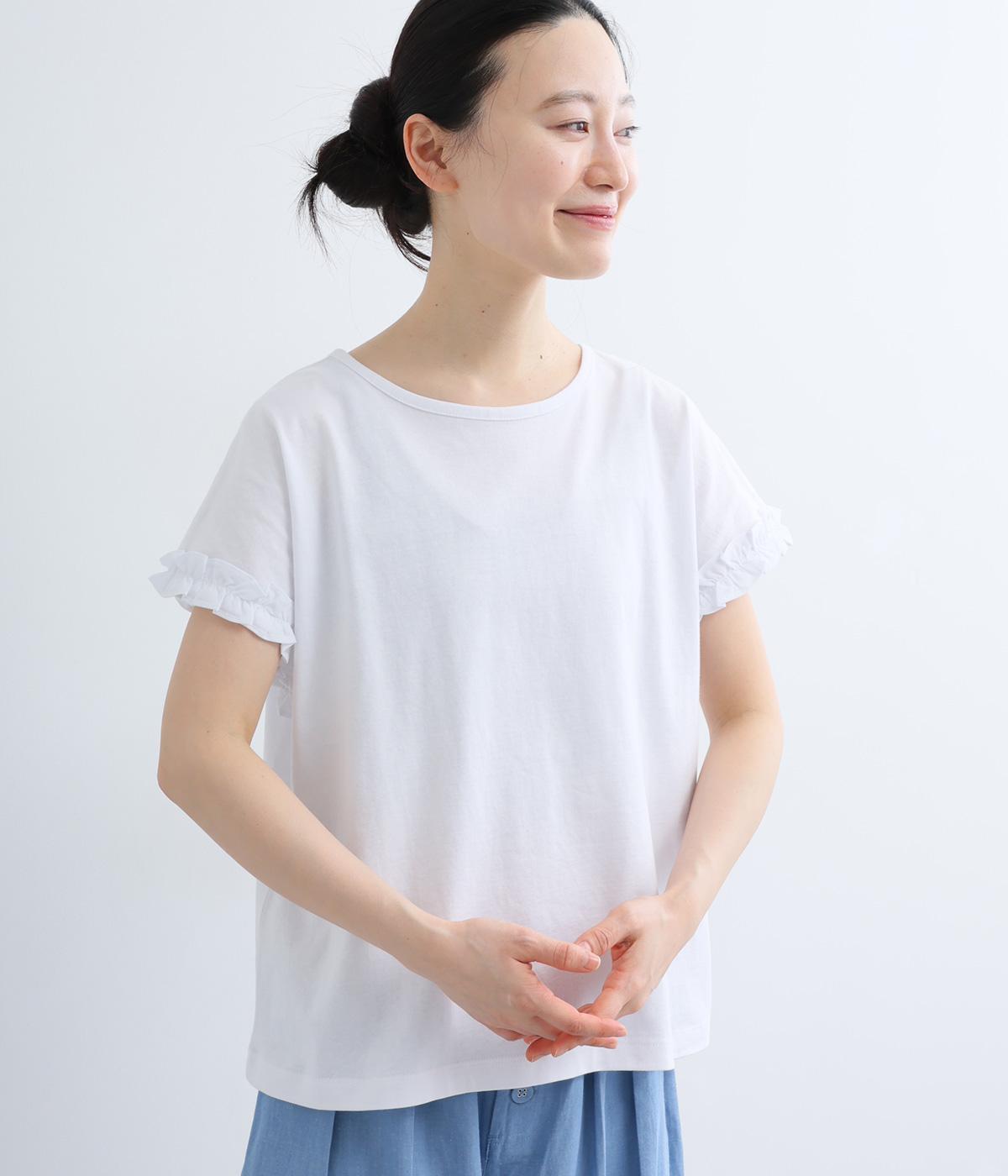 コットン天竺フリルスリーブプルオーバー(ホワイト-F)