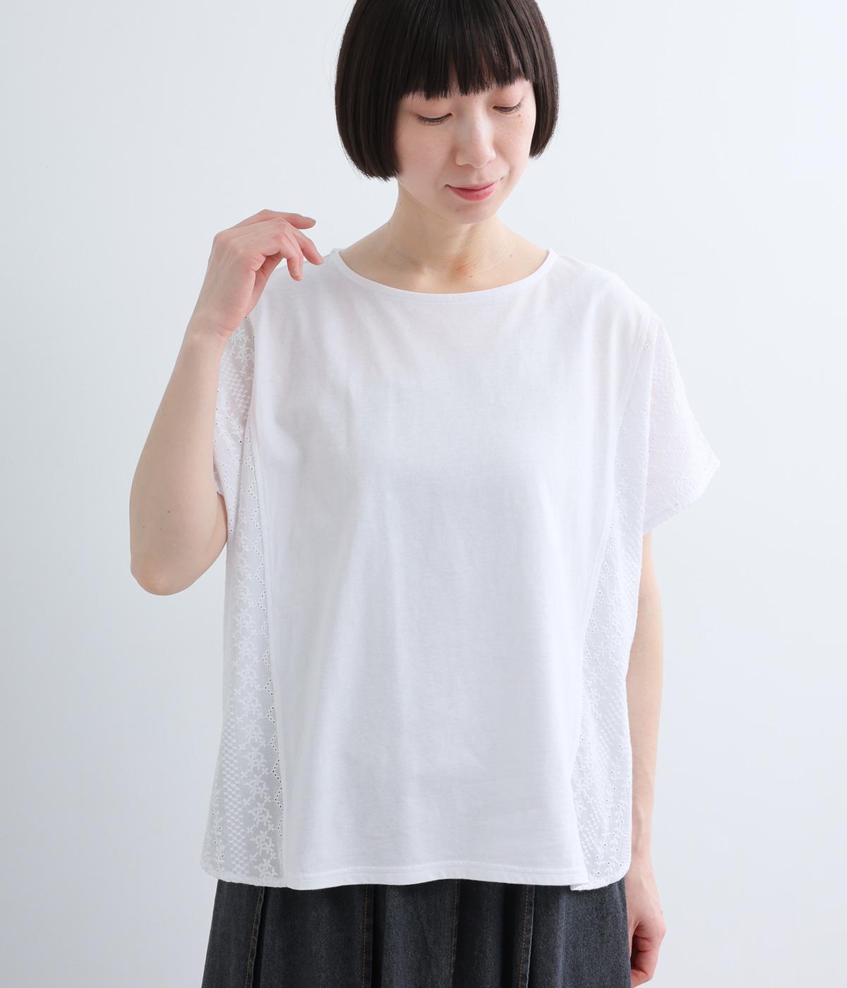 コットン天竺ストライプレース切替プルオーバー(ホワイト-F)