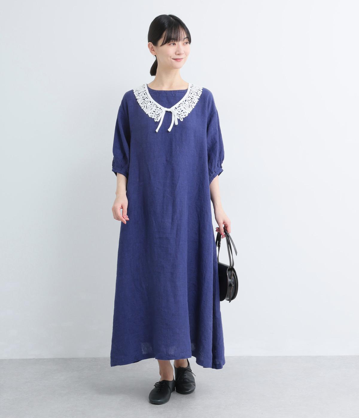 リネングレンチェックワンピース(ブルー-F)