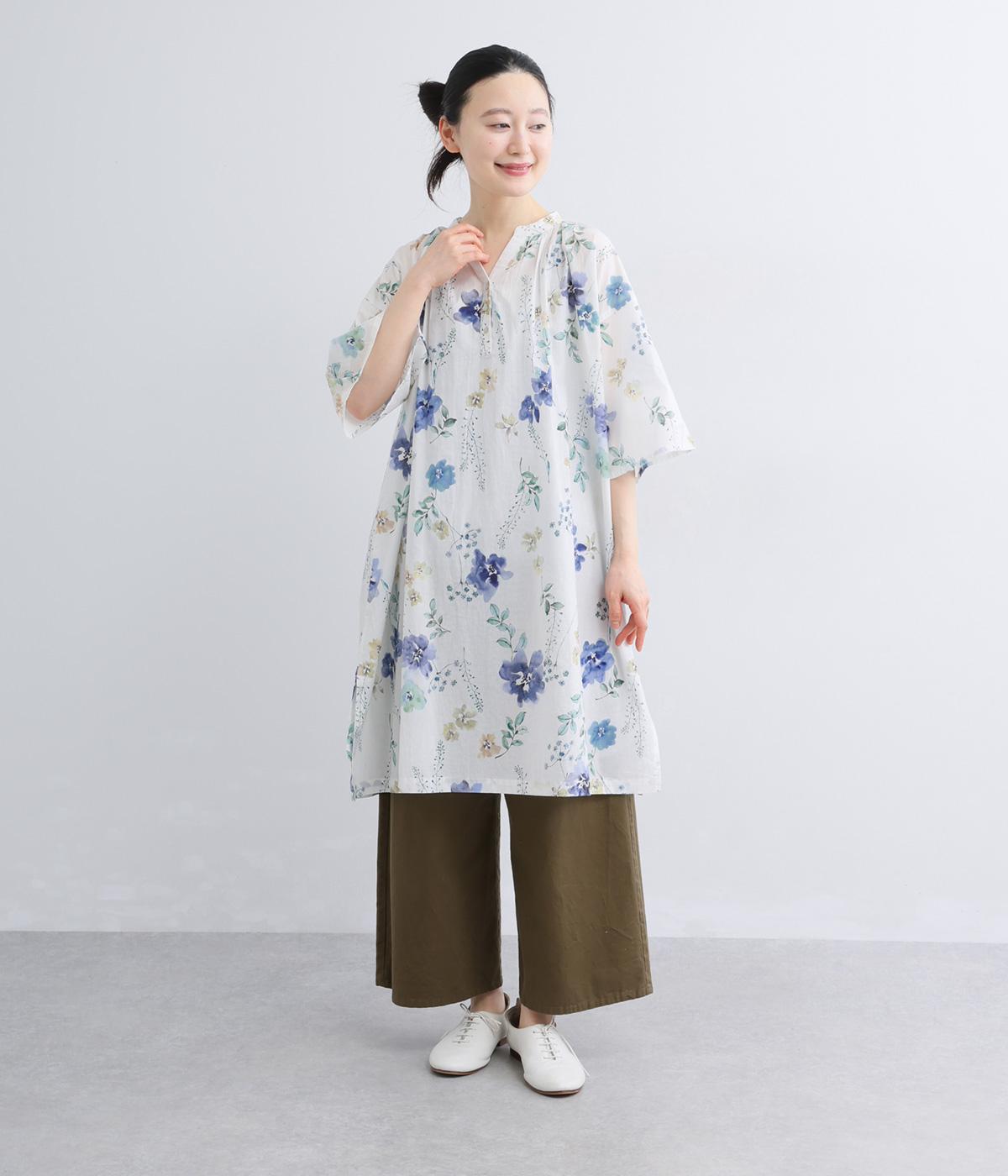 コットンボイルフラワープリントワンピース(ブルー-F)