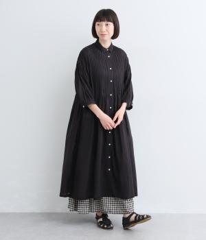 コットンボイルピンタックシャツワンピース(ブラック-F)
