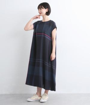 レーヨンリネンチェックフレンチスリーブワンピース(ブルー-F)