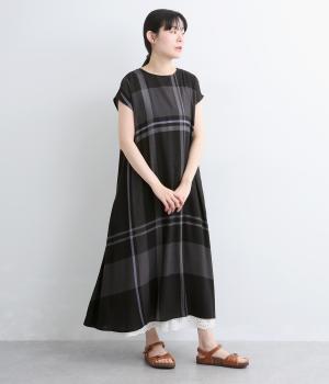 レーヨンリネンチェックフレンチスリーブワンピース(ブラック-F)