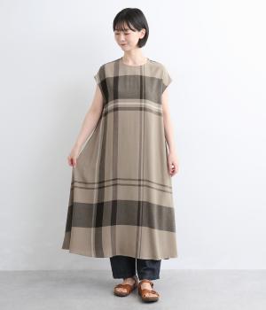 レーヨンリネンチェックフレンチスリーブワンピース(ベージュ-F)