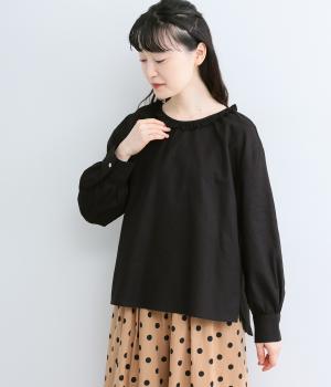 コットンリネンレースギャザーフリルブラウス(ブラック-F)