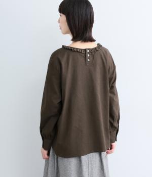 コットンリネンレースギャザーフリルブラウス(ブラウン-F)