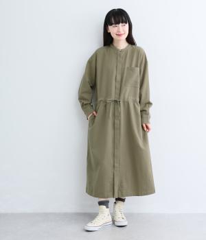 コットンリネンドローストリングシャツワンピース(モスグリーン-F)