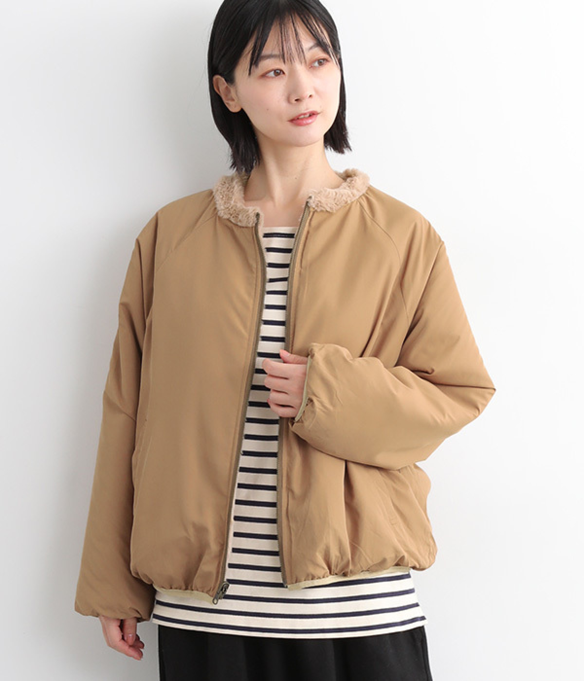 リバーシブルフェイクファーブルゾン(ベージュ-ONESIZE)