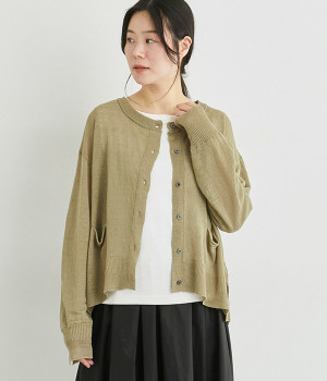 イタリーリネン丸首カーディガン(ベージュ-ONESIZE)