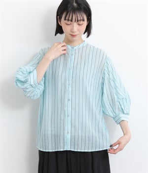 シアーストライプ7分袖ブラウス(サックス系-ONESIZE)