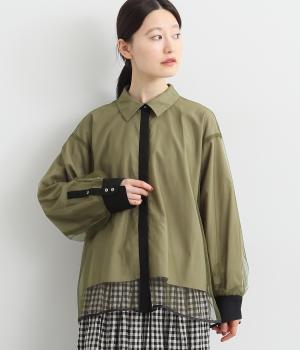 チュールレイヤード配色シャツブラウス(カーキ-ONESIZE)