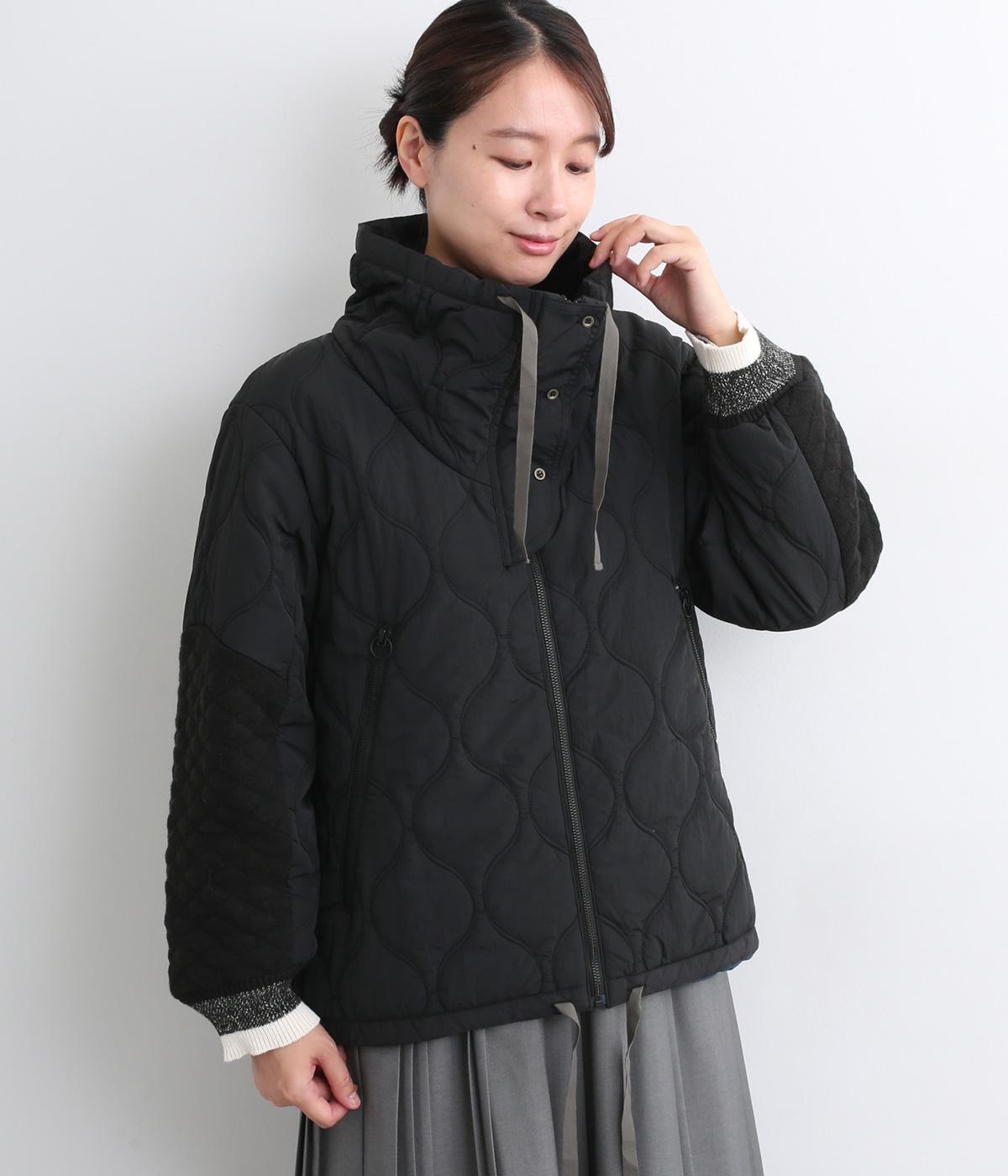 キルティングニットタフタブルゾン(ブラック-F)