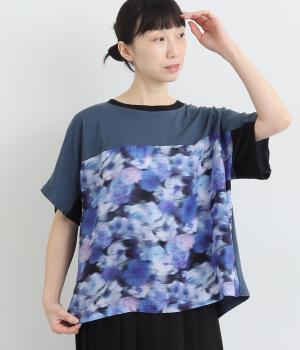 コットンリヨセルリバティぼかし花柄後ろタックバイカラープルオーバー(ブルー系-ONESIZE)