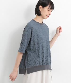 ぽこぽこふくれジャカード襟裾リブ5分袖プルオーバー(ブルー-ONESIZE)