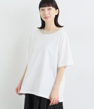 コットン襟リブニット配色切り替えTシャツ(オフホワイト-ONESIZE)