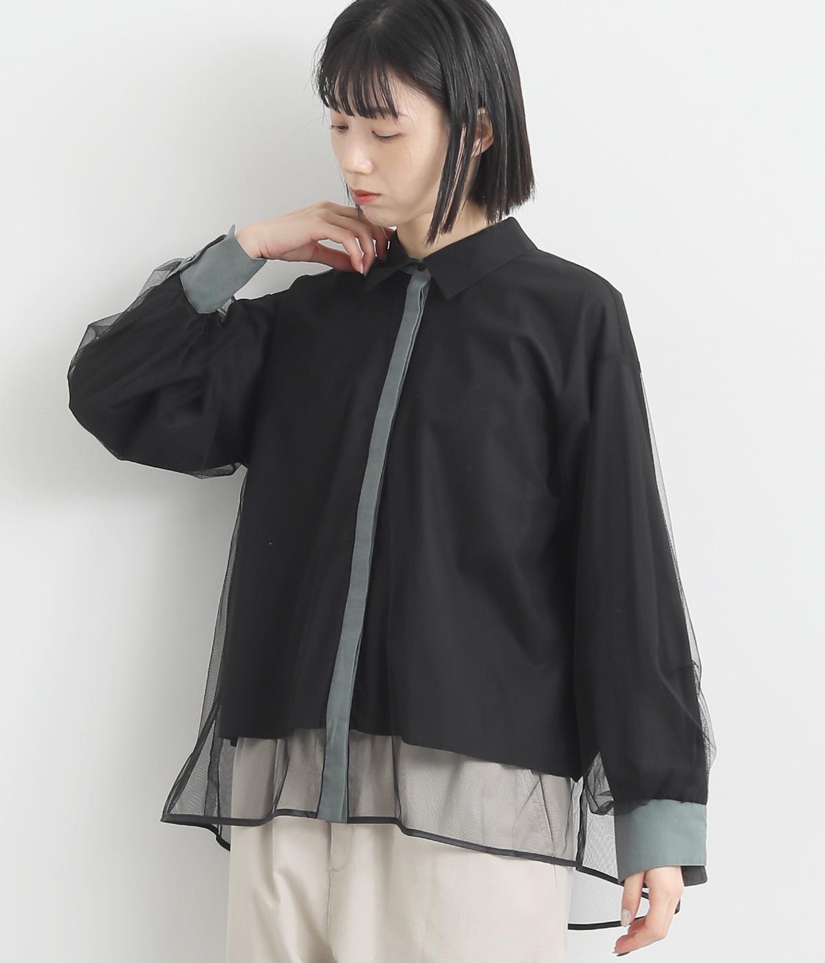 チュールレイヤード配色シャツブラウス(ブラック-ONESIZE)