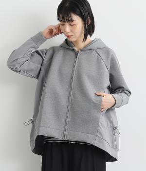 異素材ドッキング裾サイドドロストダンボール前開きパーカー(グレー-ONESIZE)