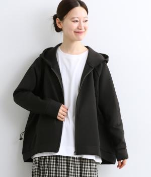 異素材ドッキング裾サイドドロストダンボール前開きパーカー(ブラック-ONESIZE)