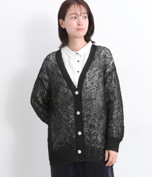 ツブツブ変わり鹿の子編み後ろ襟袖リブシアーニットカーディガン(ブラック-ONESIZE)
