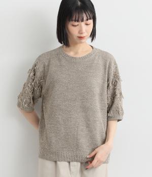 袖フリンジ襟裾リブ5分袖ニットプルオーバー(モカ-ONESIZE)