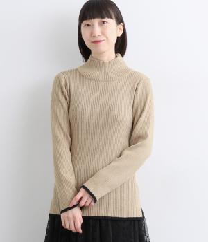 裾袖口ライン配色リブタートルネックニット(ベージュ-F)