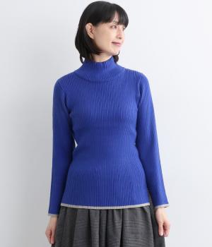 裾袖口ライン配色リブタートルネックニット(ブルー-F)