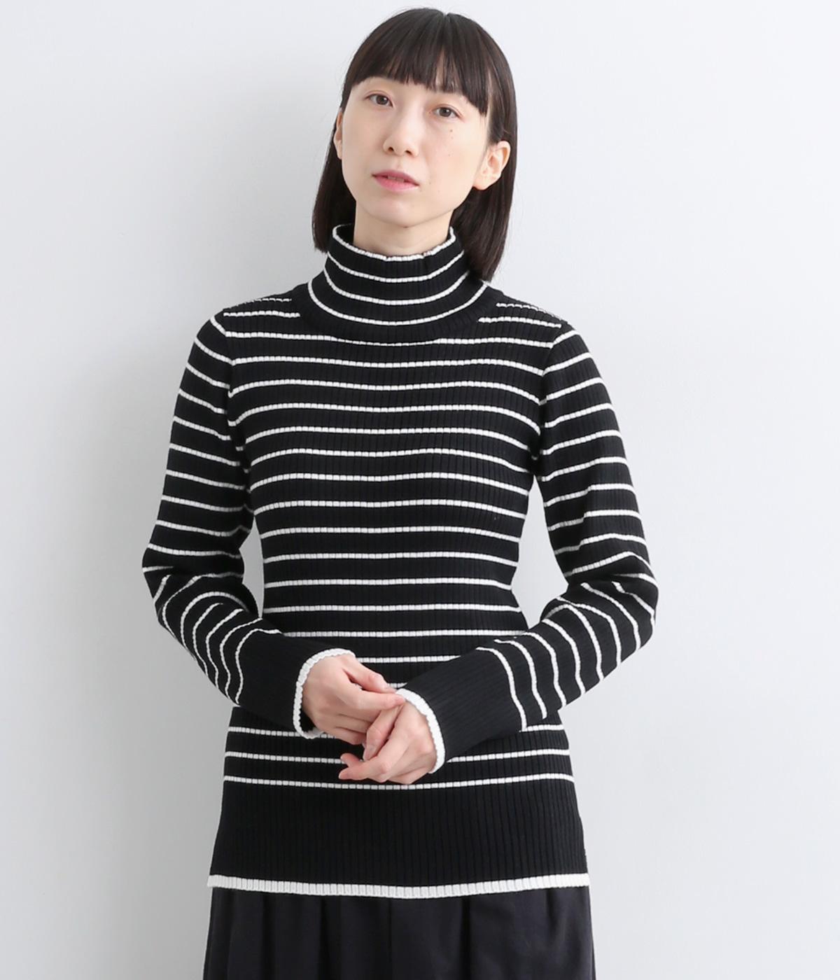 裾袖口ライン配色リブボーダータートルネックニット(ブラック系-F)