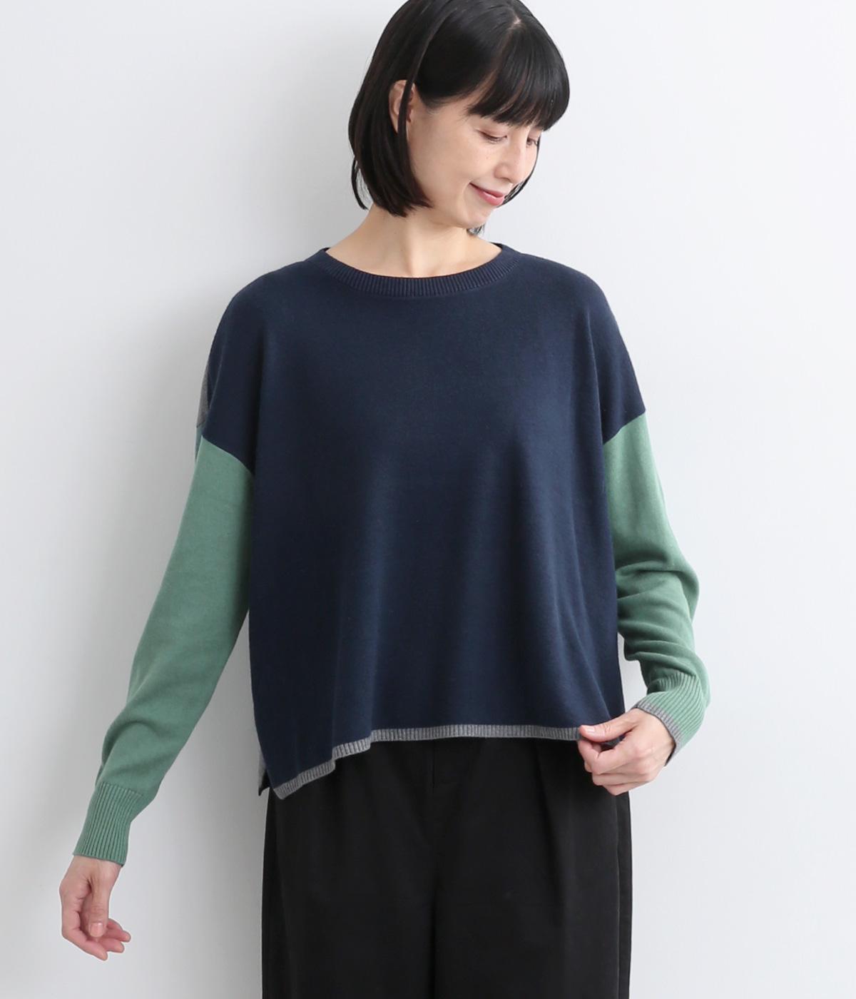コットンシルクニット配色プルオーバー(ネイビー系-F)