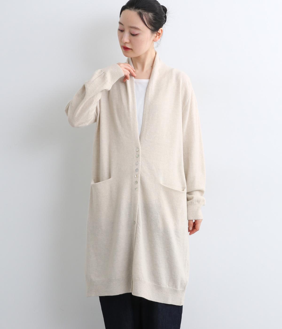 ウールGLENARAちび釦ポケット付きクシュクシュネックロングカーディガン(ライトグレー-F)