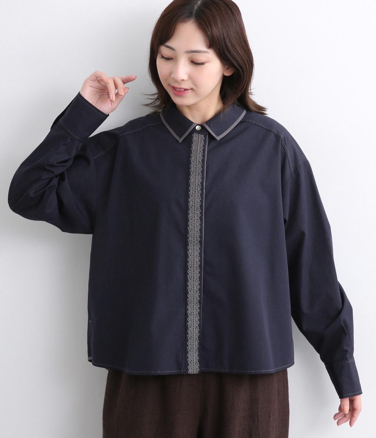 前立てレース刺繍シャツ(ネイビー-F)