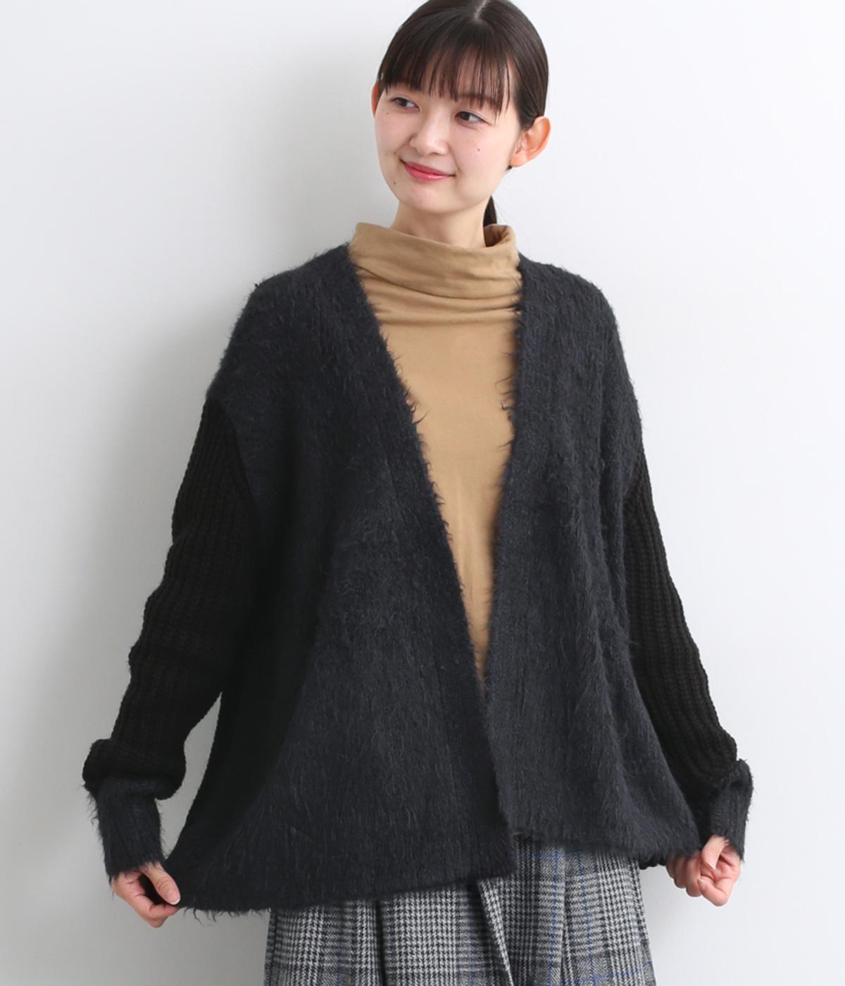 シルクシャギーコンビカーディガン(ブラック-F)