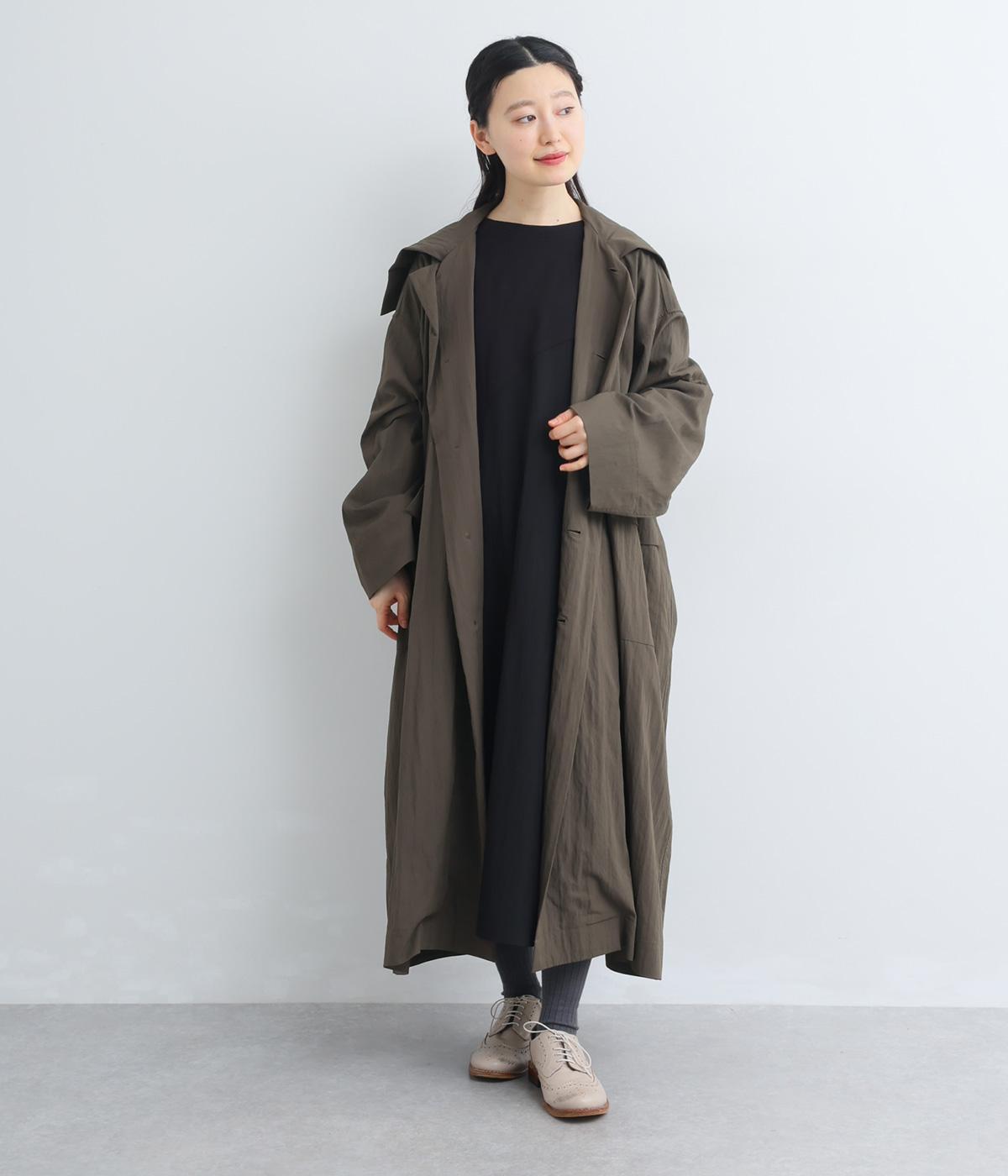 ウォッシュ加工大きめ襟後のろヨークギャザーロングコート(ダークブラウン-F)