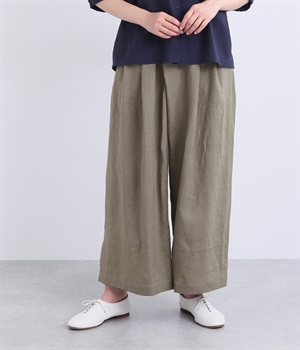 リネンギャザー重ねフレアパンツ(グレーベージュ-ONESIZE)
