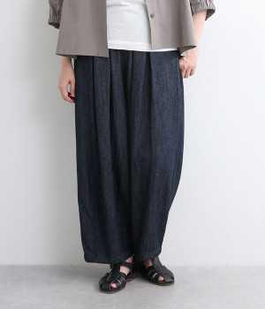 コットンリネンデニムタックギャザーパンツ(インディゴ-ONESIZE)