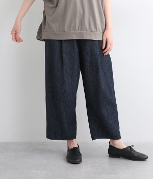 コットンリネンデニムタックテーパードパンツ(インディゴ-ONESIZE)