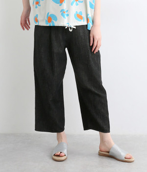 コットンリネンデニムタックテーパードパンツ(ブラック-ONESIZE)