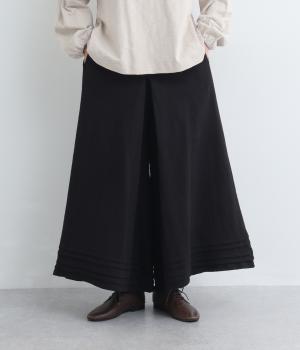 スラブ度詰め天竺裾ラインスカート見えワイドパンツ(ブラック-F)