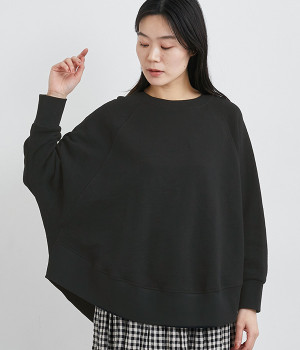 コットンスラブメランジ裏毛ドルマン裾袖リブプルオーバー(ブラック-ONESIZE)