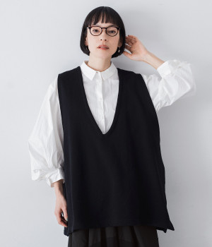 コットンスラブメランジ裏毛ルーズベスト(ブラック-ONESIZE)