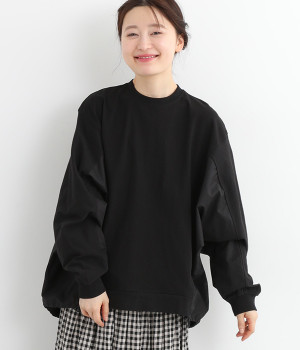 天竺コットンツイル切替ボリューム袖プルオーバー(ブラック-ONESIZE)