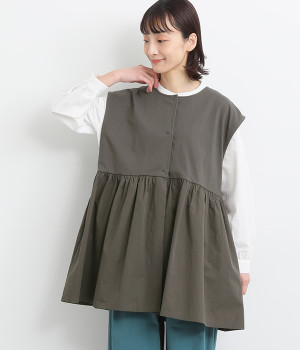 天竺コットンツイル切替フレアチュニック(チャコール-ONESIZE)