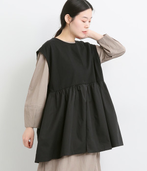 天竺コットンツイル切替フレアチュニック(ブラック-ONESIZE)