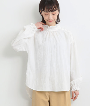 レーヨンナイロンvintagewash加工フリル襟ラウンドヘムブラウス(オフホワイト-ONESIZE)