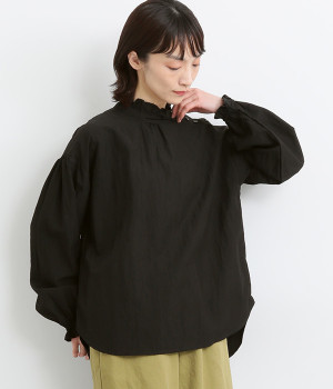 レーヨンナイロンvintagewash加工フリル襟ラウンドヘムブラウス(ブラック-ONESIZE)
