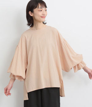 レーヨンナイロンvintagewash加工ボリューム袖前後差ブラウス(ライトオレンジ-ONESIZE)